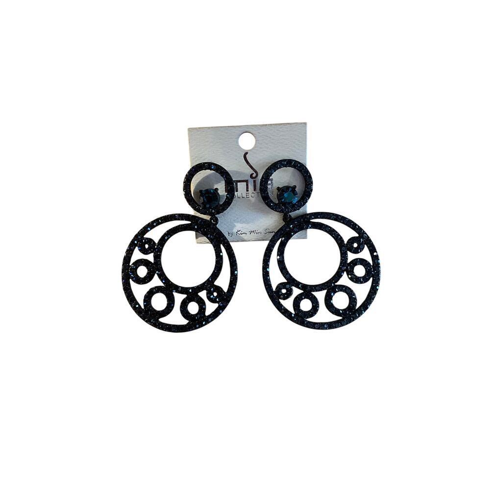Mia Collection by Kim Min Sun Circle Stud Hanging Crystal Earrings‎ Blue NWT